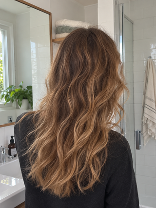 Longs cheveux châtains ondulés d'une testeuse, vus de dos