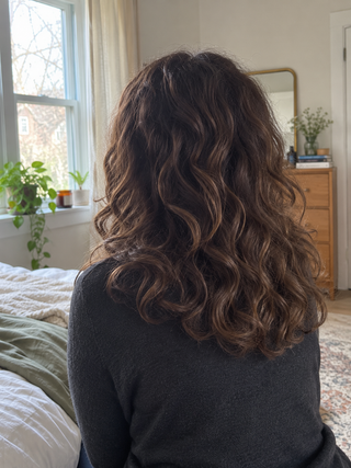 Cheveux bouclés bruns d'une testeuse, vus de dos