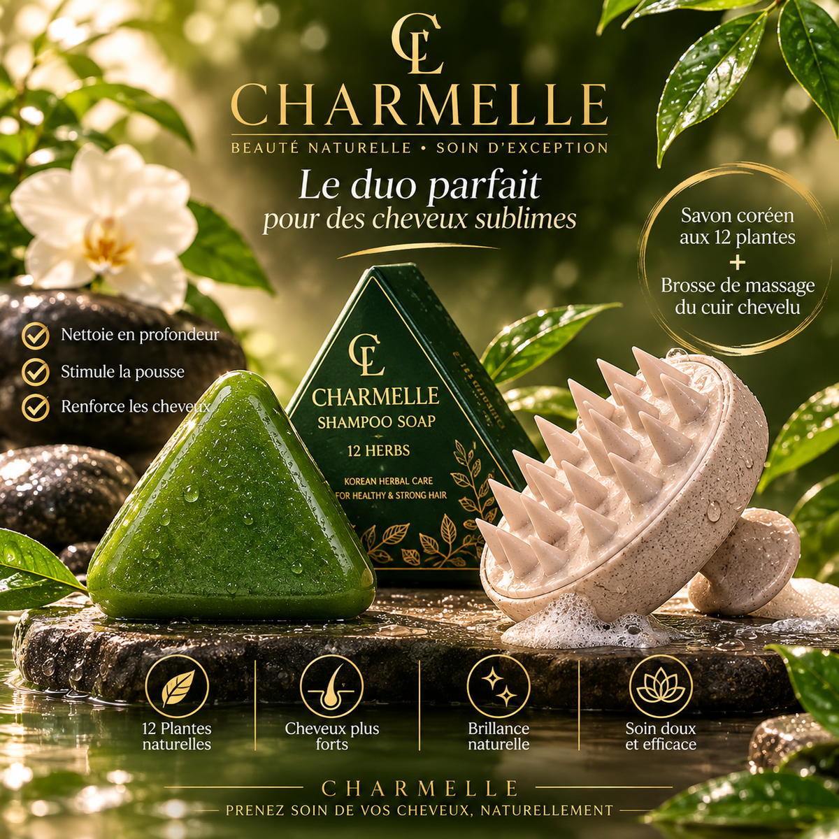 Le duo parfait : savon solide aux 12 plantes fabriqué en Asie et brosse de massage du cuir chevelu Charmelle