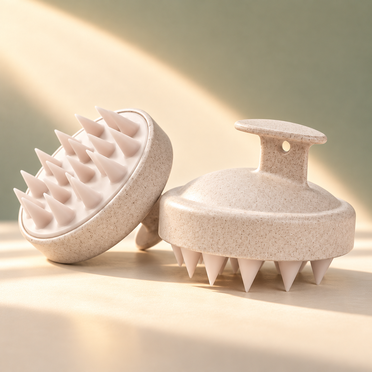 Brosse de massage du cuir chevelu Charmelle, picots souples, vue de dessus et de dessous
